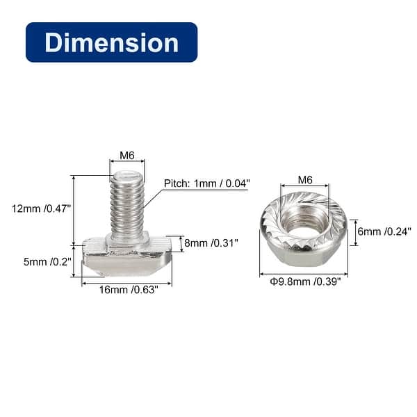 T Slot Dropin Bolt & M6 Hexagon Flange Nut Set, 10 Sets for 30 Series