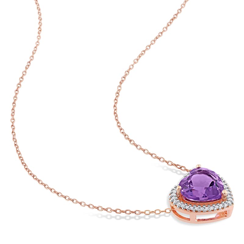Miadora Heart-cut Amethyst and 1/5ct TDW Diamond Halo Necklace in Rose Plated Sterling Silver