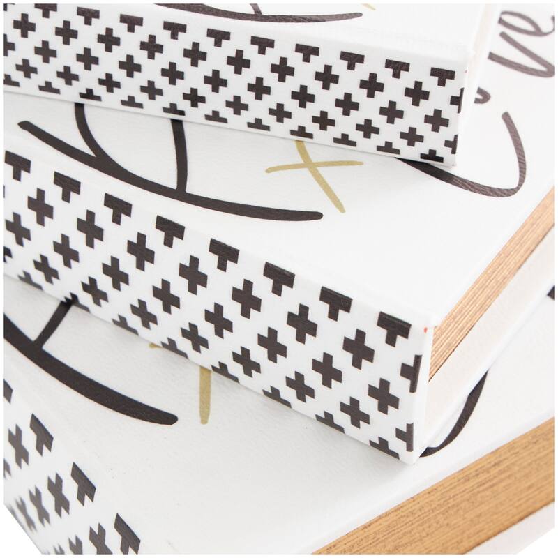 White Wooden Eat, Pray, Love Faux Storage Book Box with Checkered Spine and Gold Accents (Set of 3)