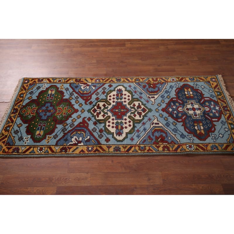 Blue Geometric Kazak Oriental Foyer Rug Handmade Wool Carpet - 2'7"x 5'9"