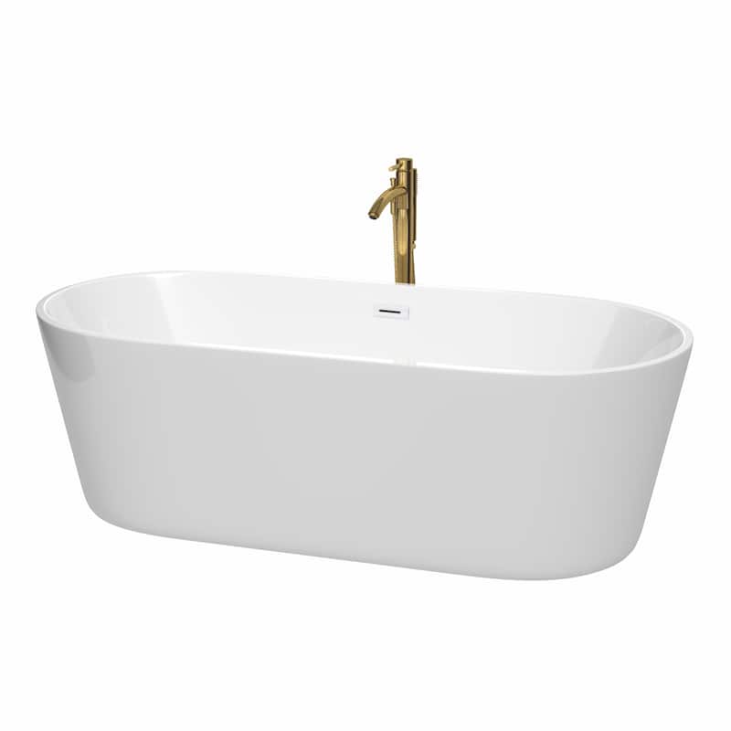Wyndham Collection Carissa 71-inch White Freestanding Soaking Bathtub - White, Shiny White Trim & Brushed Gold Faucet
