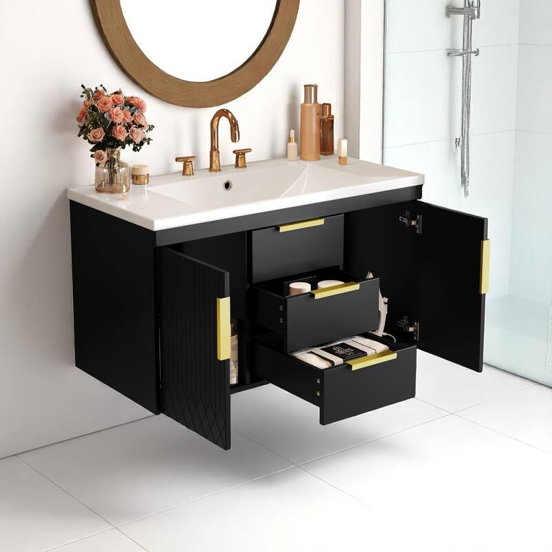 36" Wall-Mounted Bathroom Vanity Cabinet with Resin Sink - Floating Door & Drawer Storage, 8" Centerset Faucet Compatible