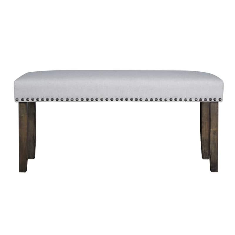 Luo 43 Inch Dining Bench, Nailhead Accent Soft Gray Upholstery, Brown Wood