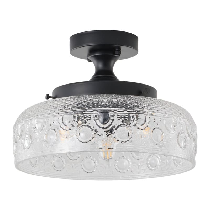 Modern Black Flush Mount Ceiling Light with Clear Glass Shade Iron Housing for Living Room Bedroom Hallway