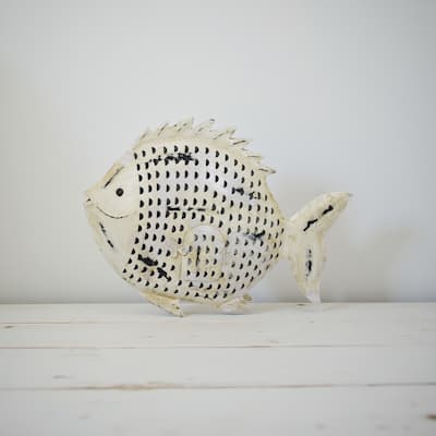 Painted Decorative Fish, Intricate Scale Details, White Metal, 26 Inch