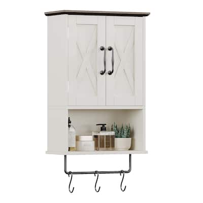 Farmhouse Medicine Cabinet,Vintage Wall-Mounted Storage Cabinet With Towel Bar,3 Hooks and Adjustable Shelf