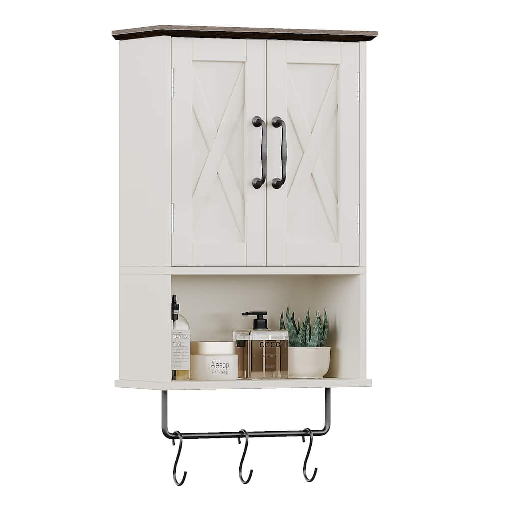 Farmhouse Medicine Cabinet,Vintage Wall-Mounted Storage Cabinet With Towel Bar,3 Hooks and Adjustable Shelf