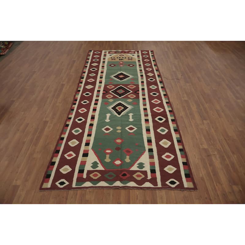 Hand Woven Oriental 100% Wool Carpet Southwestern Tribal Green Kilim Area Rug - 11' 8'' X 4' 11''