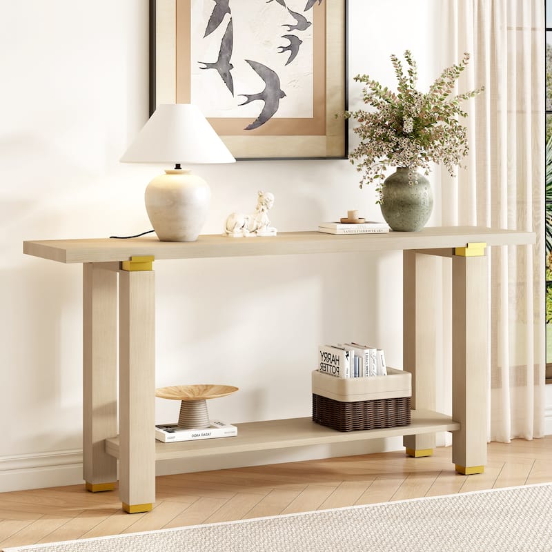 62.9" Modern Minimalist Console Table, Wooden Entryway Sofa Table Rectangular with Built-in Shelf for Living Room