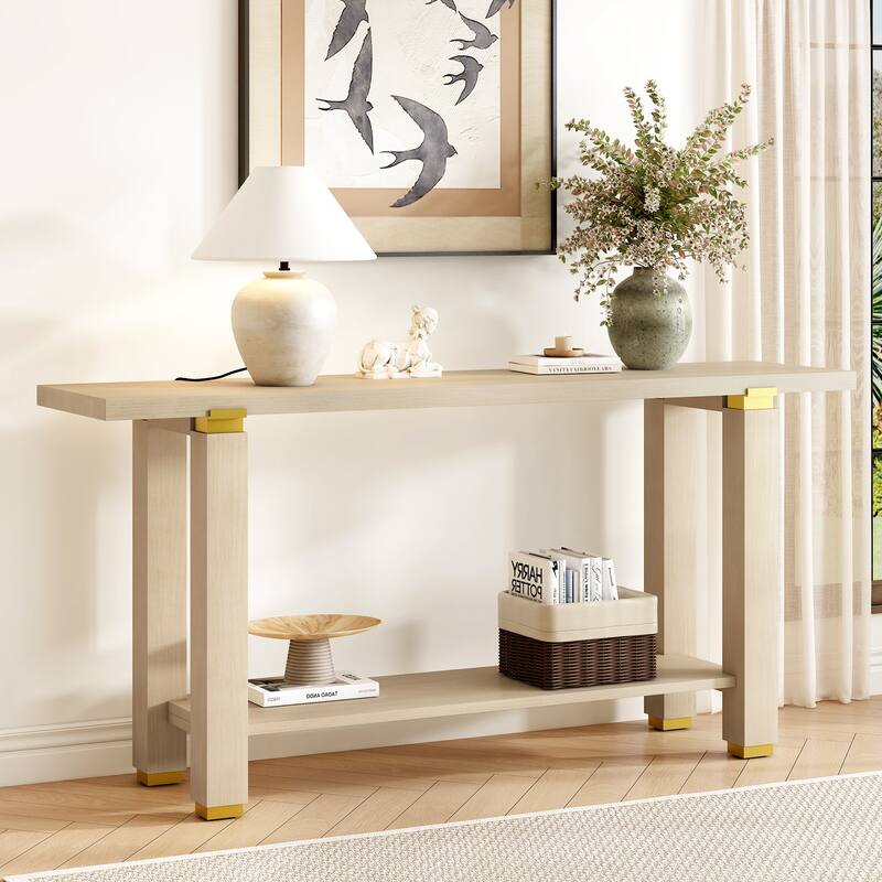 63" Narrow Long Console Table Entryway Sofa Table with Metal Accents & Bottom Storage Shelf for Living Room Hallway - Natural