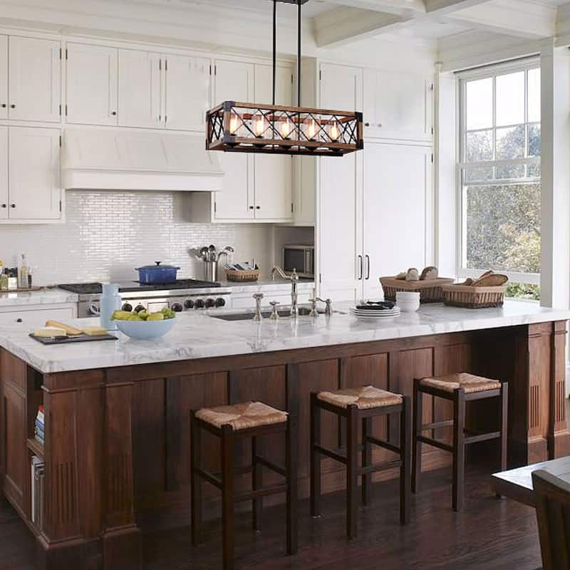Modern Farmhouse 5-Light Wood Rectangle Chandelier Seeded Glass Kitchen Island Lights for Dining Room - 31.5" L x 8.75" W x 8" H