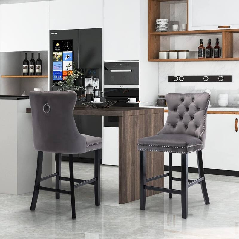 Contemporary Tufted Velvet Upholstered Counter Bar Stools Set of 2