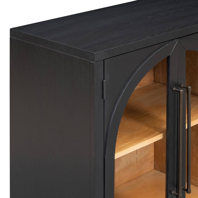 Wood Sideboard with Metal Handles, 4 Door Storage Sideboard with Glass Doors, Buffet Cabinet with Adjustable Shelves