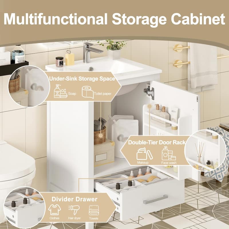 Modern Bathroom Vanity with Ceramic Sink - Soft-Close Drawers, Door Organizer, Divider Drawer