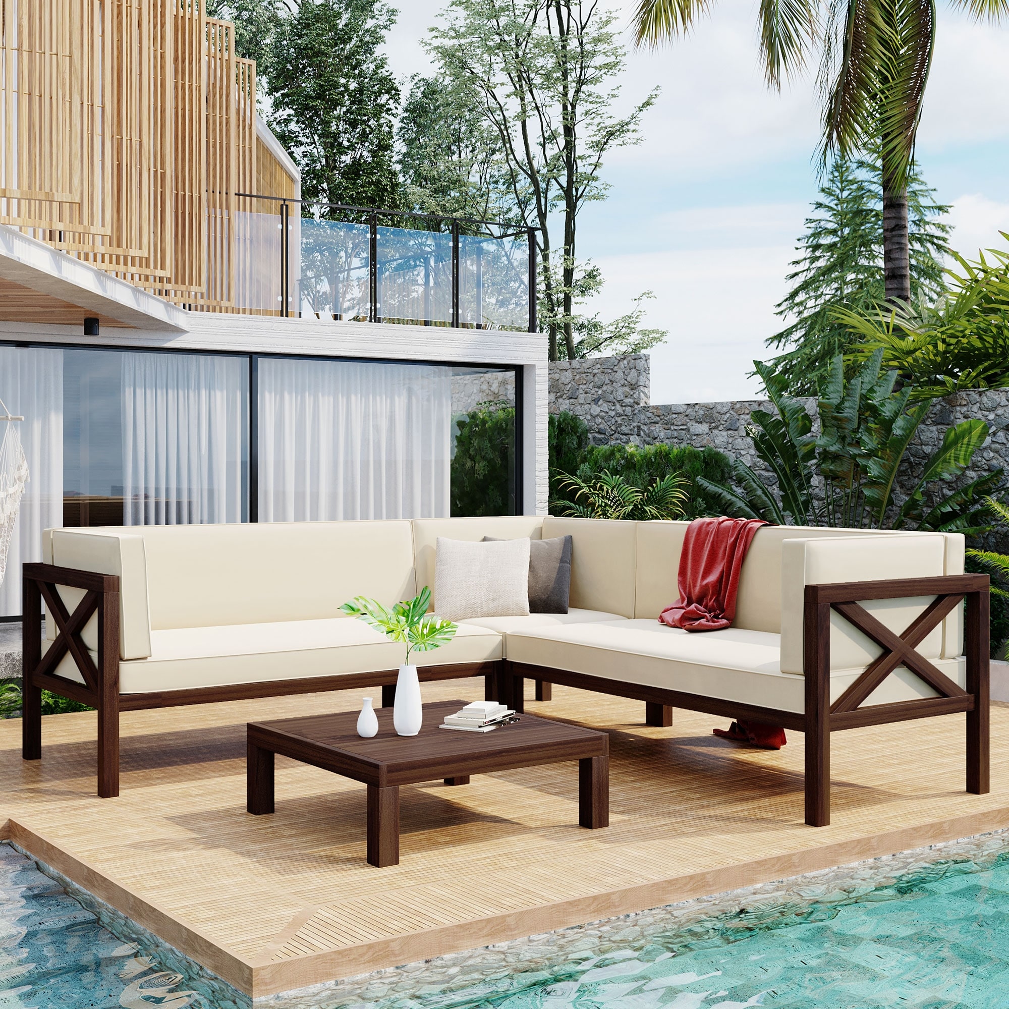 4 PCS Outdoor Wood Sectional Sofa with Cushion and Table Bed