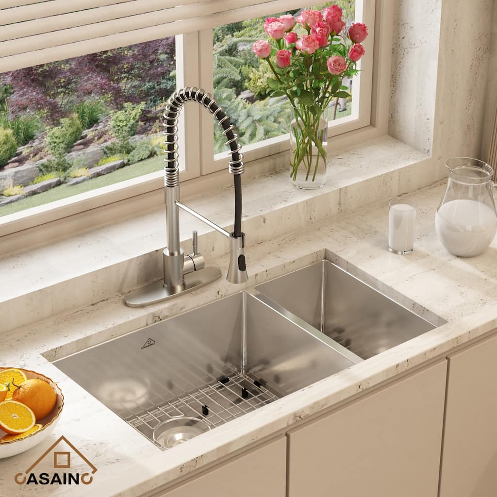 Handmade All-in-One Undermount 60/40 Double Bowl Stainless Steel Kitchen Sink with Faucet, Bottom Grids, and Basket Strainers