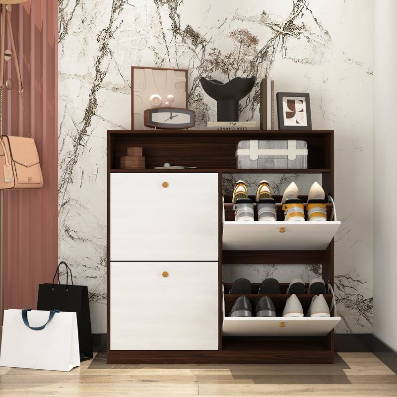 Sleek Shoe Cabinet with 4 Flip Drawers, Wooden Handle, and Anti-Tip Fitting for Narrow Spaces