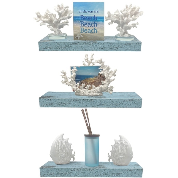 Floating Shelf Set, Rustic Wood Beach Style Hanging  Wall Shelves - 3-Pack