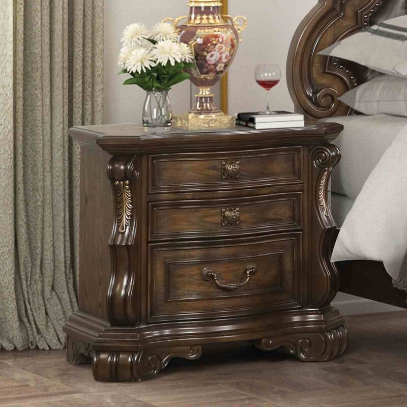 Traditional Nightstand with USB Port - Dark Brown Finish & Extended Corbels