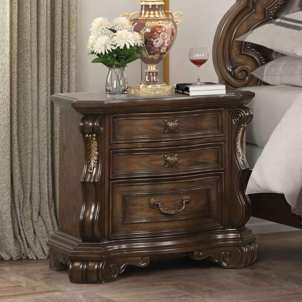 Traditional Nightstand with USB Port - Dark Brown Finish & Extended Corbels