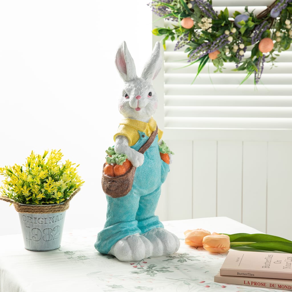 Glitzhome 17.5"H Easter Resin Bunny Girl with Flower Basket Boy with Carrot Table Decor