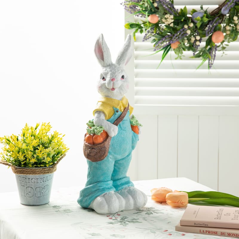 Glitzhome Easter Resin Bunny Boy Girl Table Decor with Flower Rabbit Figurine Ornaments