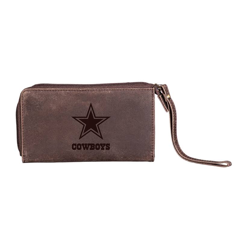 Brown Leather Cell Phone Wristlet Wallet, Dallas Cowboys - 4" x 7"