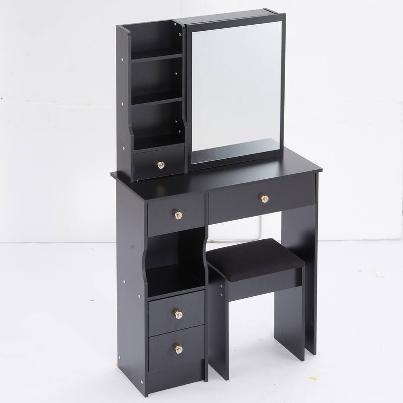 29.2" Small Space Left Drawer Desktop Vanity Table + Cushioned Stool, Extra Large Right sliding mirror