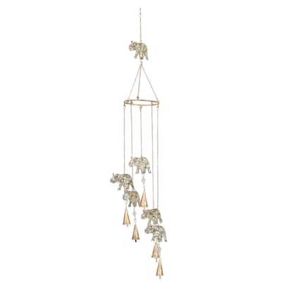 Metal Elephant Handmade Embellished Indoor Outdoor Windchime with Glass Beads and Cone Bells - Gold - Roche River Decor