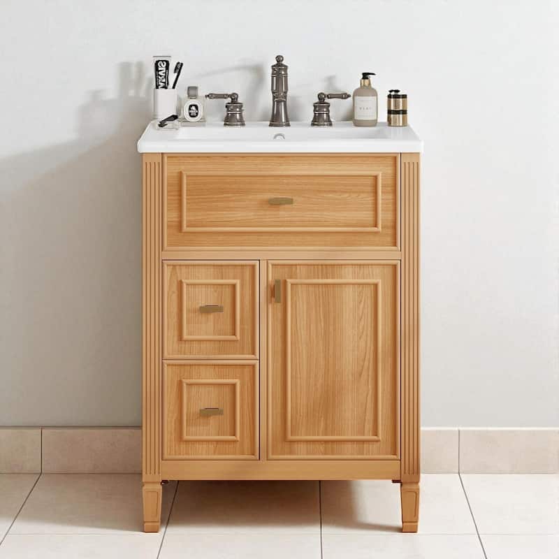 24" Bathroom Vanity with Sink, Flip Drawer and Storage Cabinet, Ceramic Top, Solid Wood Frame and Soft Close Design - Wood