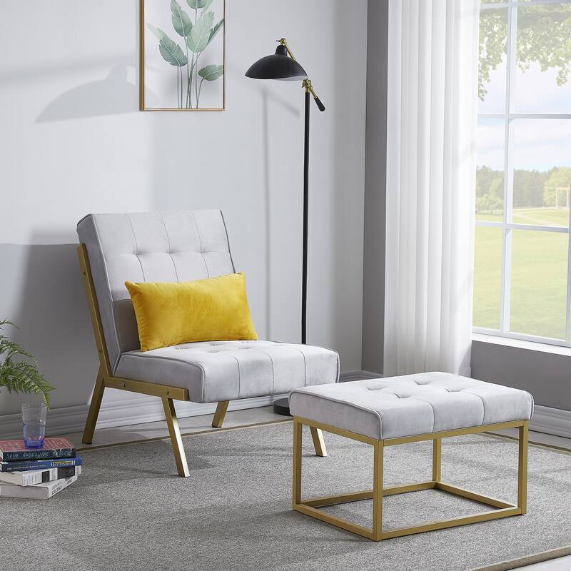 Gold Metal Frame Velvet Accent Chair with Ottoman