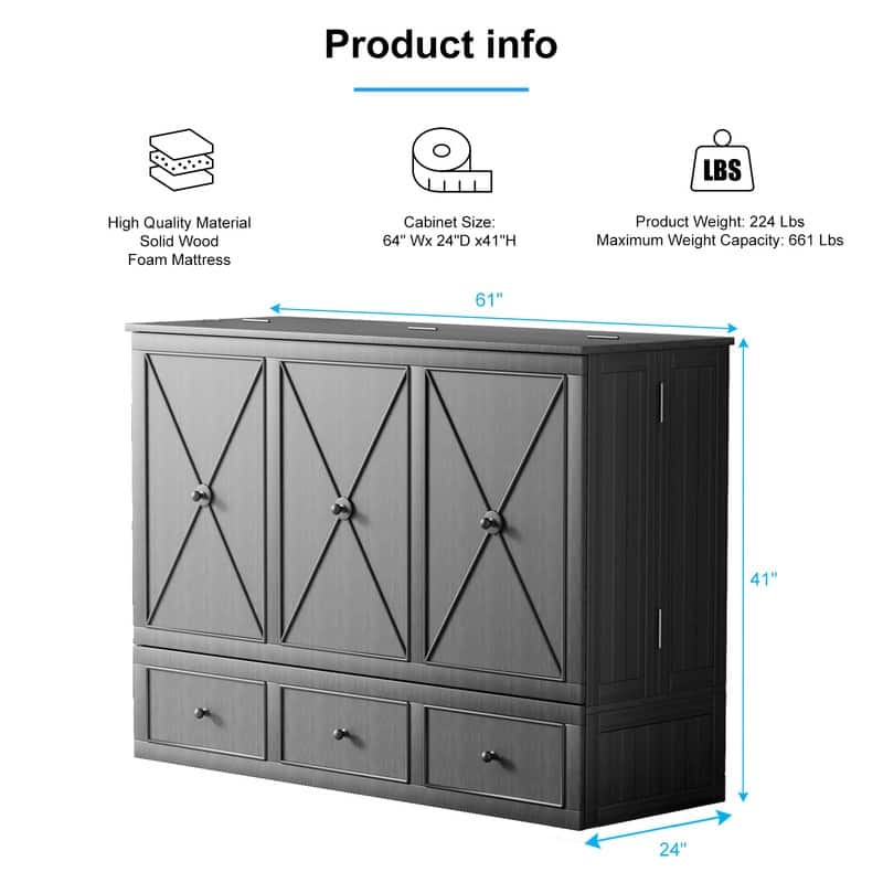 Mixoy Murphy Bed with Foldable Mattress,Modern Cube Cabinet Bed with Storage Drawer & USB Charging Station