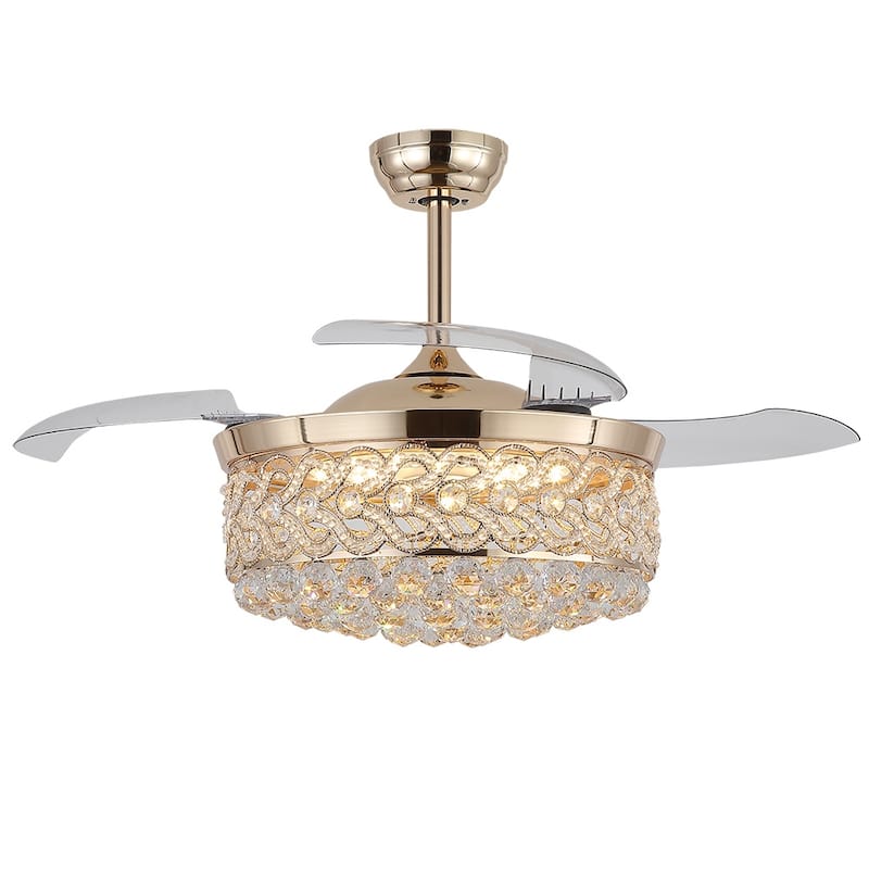 Kviflon 48'' Retractable Ceiling Fan with Lights and Remote 6 Speed, 3 Light Change Retractable Blade Chandelier Ceiling Fan - Gold-2