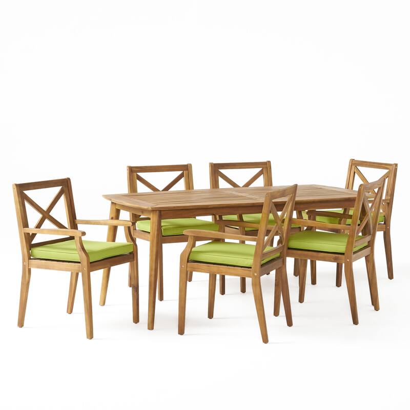 Llano Outdoor 7 Piece Acacia Wood Dining Set by Christopher Knight Home - teak and green