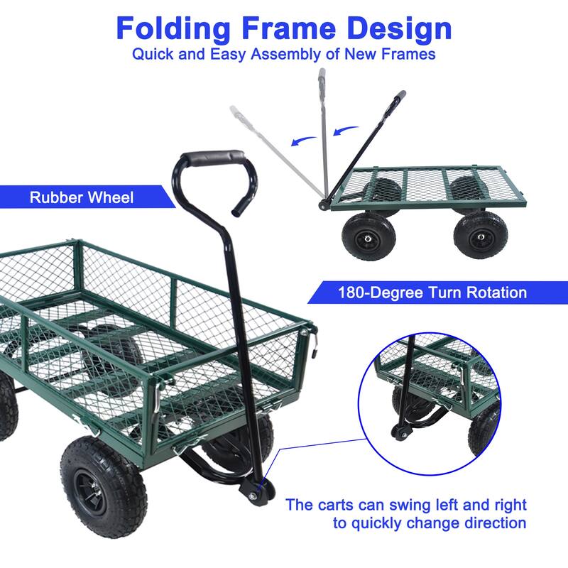 Multi-Purpose Garden Cart - 4-Wheel Utility Wagon with 180° Handle Rotation, Steel Frame, and Detachable Sides for Large Loads