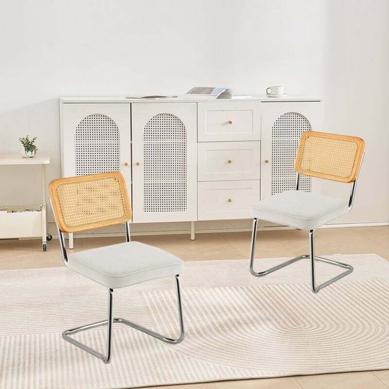 Rattan Dining Chairs Set of 4, Mid Century Modern Dining Chair, Upholstered Velvet Accent Chair with Rattan Back, Retro Dining