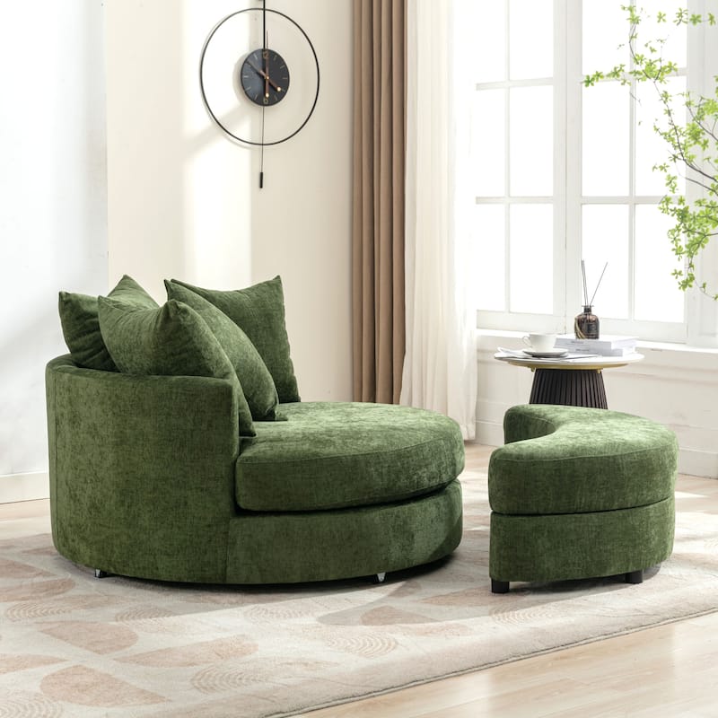 Modern Chenille Swivel Barrel Chair with Storage Ottoman and 4 Pillows