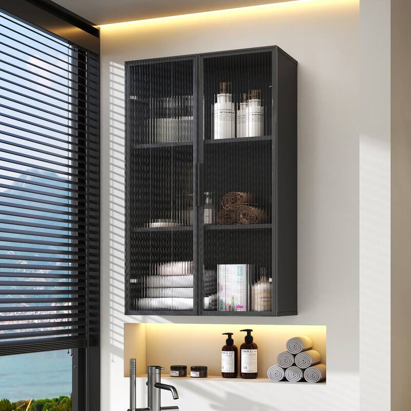 Wall Mounted Kitchen Storage Cabinet With Glass Door, Glass Kitchen Wall Storage Cabinet - Black