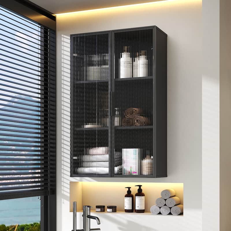Wall Mounted Storage Cabinet with Glass Door, Bathroom & Kitchen Wall Cabinet for Bathroom, Toilet & Balcony - Black