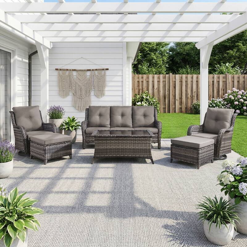 Pocassy Outdoor 6 Pieces 3-Seat Sofa Swivel Chairs Table Ottoman - Gray Wicker - Gray cushion