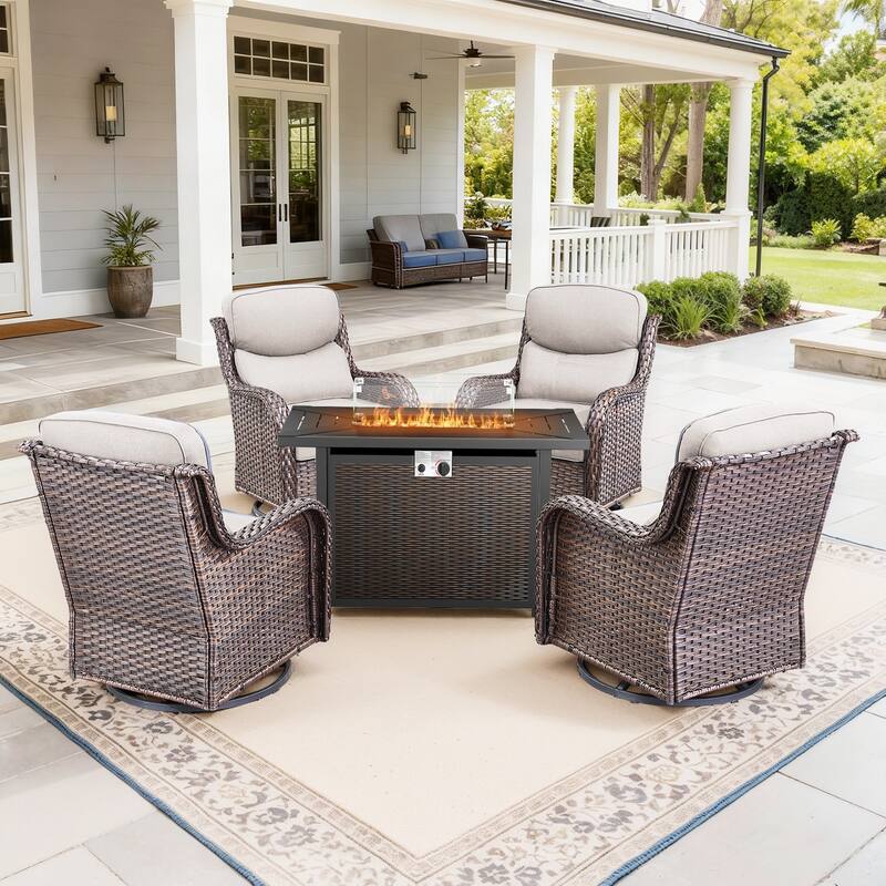 Pocassy Patio Furniture Set with 43 inch Fire Pit Table - Beige Cushion Brown Wicker - 5-Piece Fire Pit Table w/ Swivel Chair Set