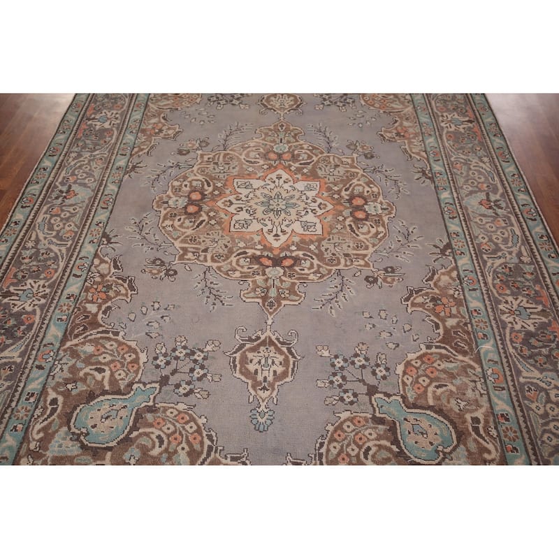 Hand Knotted Oriental 100% Wool Carpet Traditional Medallion Greys & Charcoal Tabriz Area Rug - 9' 8'' X 6' 5''