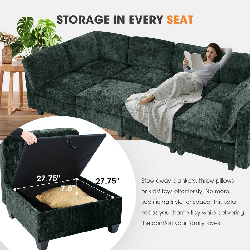 GDFStudio - Chenille Fabric 8-Seat 128" Modular Sectional Sofa with Storage & Solid Wood Frame