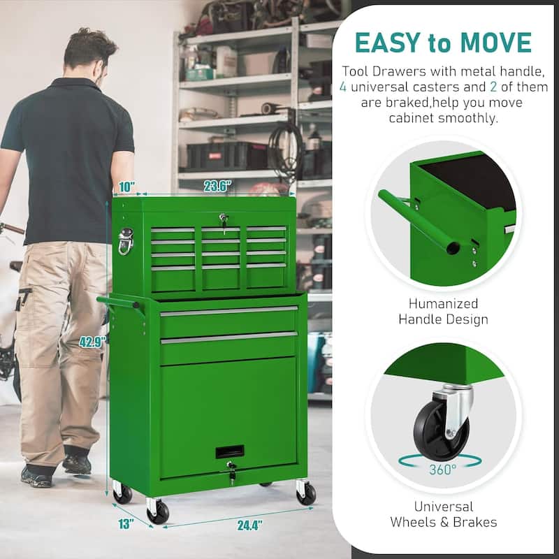 8-Drawer 2 in 1 Rolling Tool Chest Cabinet Garage Storage Toolbox with Detachable Top Tool Box and Universal Lockable Wheels