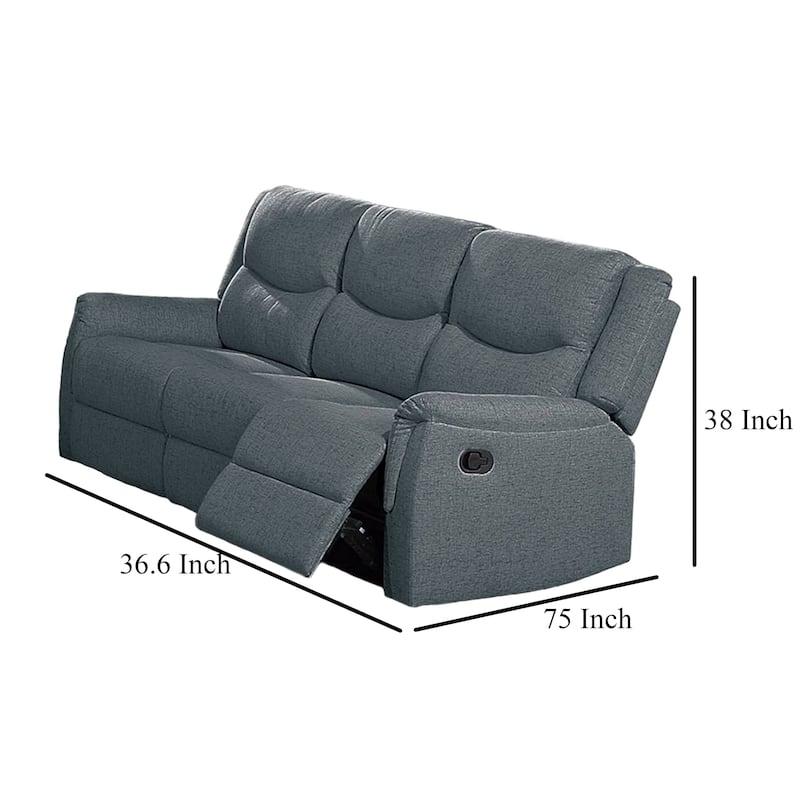 Ammy Manual Recliner Sofa, Pillow Arms, 75in Wood, Gray Faux Burlap