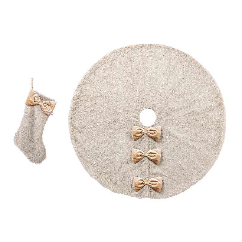 Glitzhome 21"L Plush Faux Fur Christmas Stocking with Bow & Tree Skirt - Faux Fox Fur & 48"D Tree Skirt