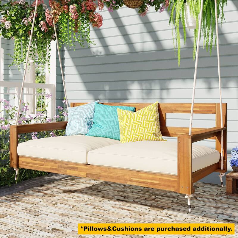 Twin Size Wooden Porch Swing Daybed - Outdoor Hanging Rope Swing with 600lb Weight Capacity for Patio, Garden, Backyard
