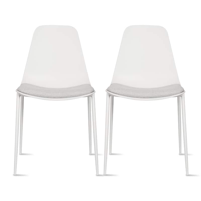 Set of 2 Plastic Dining Side Chairs Padded Cushion For Party Office Kitchen Rental Restaurant Metal Legs Indoor Outdoor Patio - White