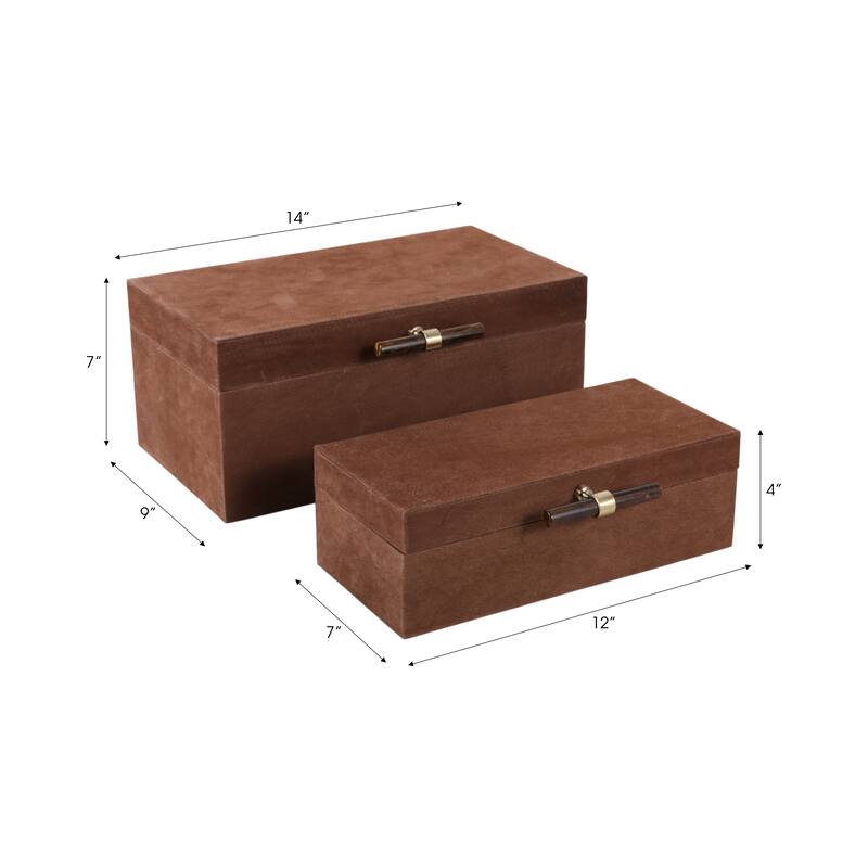 Decorative Retangular Suede Box with Lid - Set of 2, 14", Brown - 14.0"