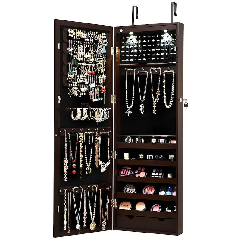 Costway Wall Mount Mirrored Jewelry Cabinet Organizer LED Lights